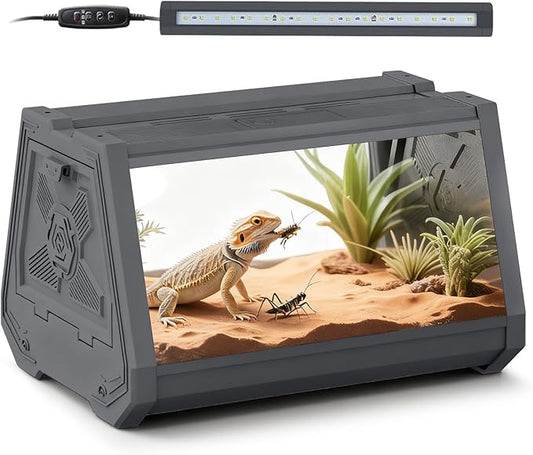 Reptile Terrarium,Anti-Breakage Lizard Cage, High-Transparency Viewing Window,Dual-Side Escape-Proof Doors,Integrated Lighting,Ideal for Mini Gecko,Insect,Tarantula,Frog，Gray
