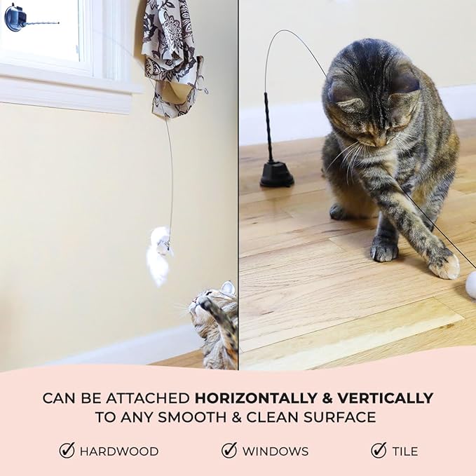 Whiskertons Interactive Bird Simulation Cat Toy Set, Interactive Cat Toys for Indoor Cats, Cat Feather Toy, Self-Holding Suction Base, 5 Replacement Birds, Feathers & Bells, Realistic Bird Impression