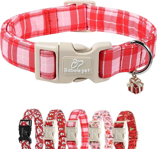 Plaid Dog Collar - Cute Red and Pink Plaid Puppy Collar with Safety Buckle, Soft Adjustable Holiday Dog Collars for Small Medium Large Dogs M