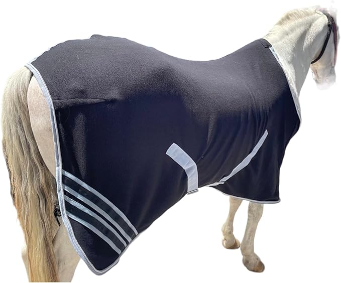Majestic Ally Anti Pill Fleece Horse Blanket/Sheet with Silver Braided Rope (Black, 74)