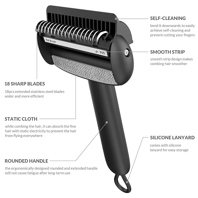 Self Cleaning Grooming Brush for Shedding Pets Rake Gently Removes Loose Undercoat Mats Tangled (Black)