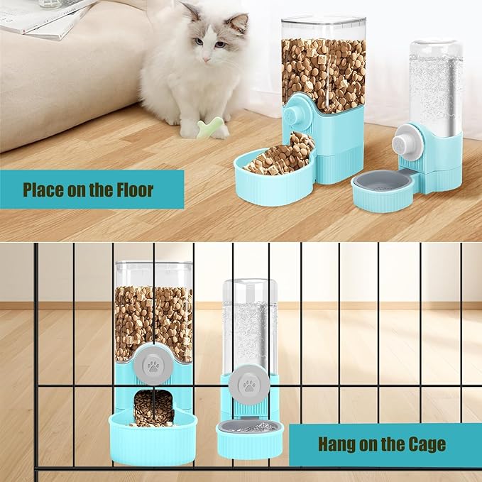 GPY Automatic Hanging Gravity Pet Feeder and Water Dispenser Set ，Automatic Dog Feeder and Dog Water Dispenser for Dogs Cats Pets Animals Large Capacity (Blue Water Feeder&Food Feeder) (Blue)