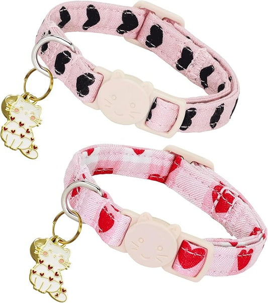 Elegant little tail 2 Pack Cat Collar- Valentines Cat Collars Breakaway with Bell Pendant Wedding Kitten Boy Girl Safety Adjustable 7-12 Inch Collar for Small Cats Puppy