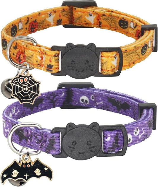 Halloween Cat Collar, Cotton 2 Pack Cat Collar with Bells, Breakaway Collars for Girl Boy Cats Kittens, Halloween Purple