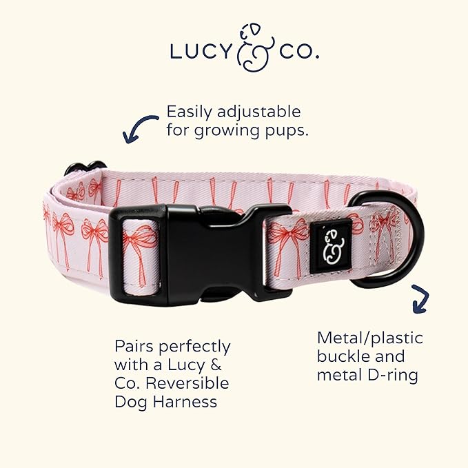 Lucy & Co. Ballet Bows Dog Collar - Durable Lightweight Designer Collar for Pets - Adjustable Metal Safety Buckle - White & Pink Bows - Medium