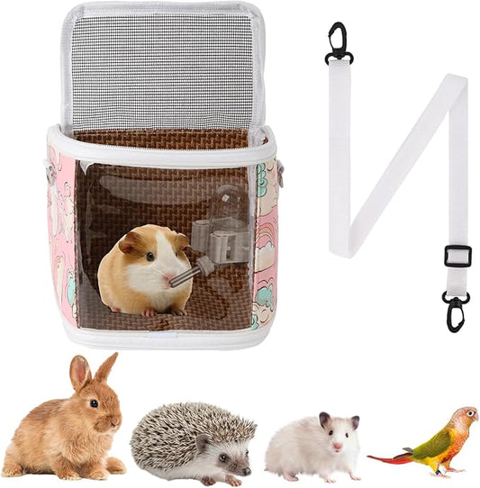 Guinea Pig Carrier Bag with Water Bottle，Travel Portable Small Animal Carrier Sling Pouch, Clear Window Carrier Backpack for Hamster Bunny Gerbil Hedgehog Sugar Glider Lizard Bird.(Pink)