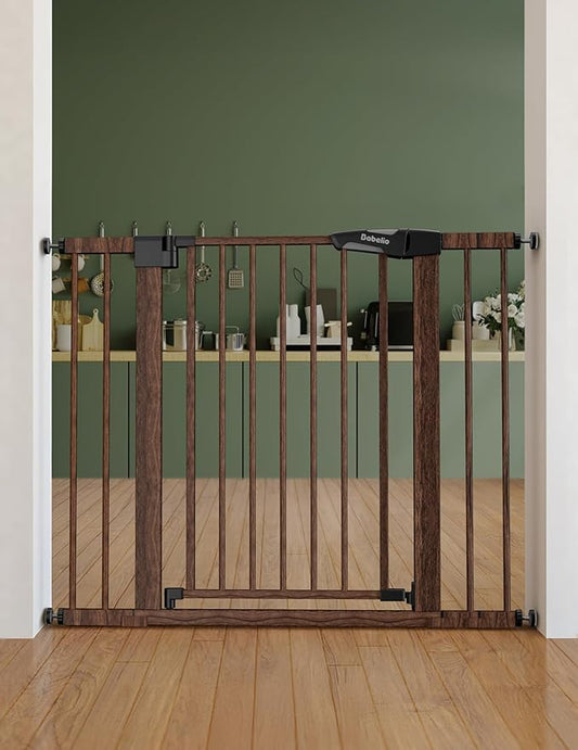 Mom's Choice Award Winner-BABELIO 26-40" Metal Baby Gate with Black Wood Pattern, PressGuard C5 Easy Install Pressure Mounted Dog Gate for Stairs and Doorways, with Wall Protectors and Extension Kits