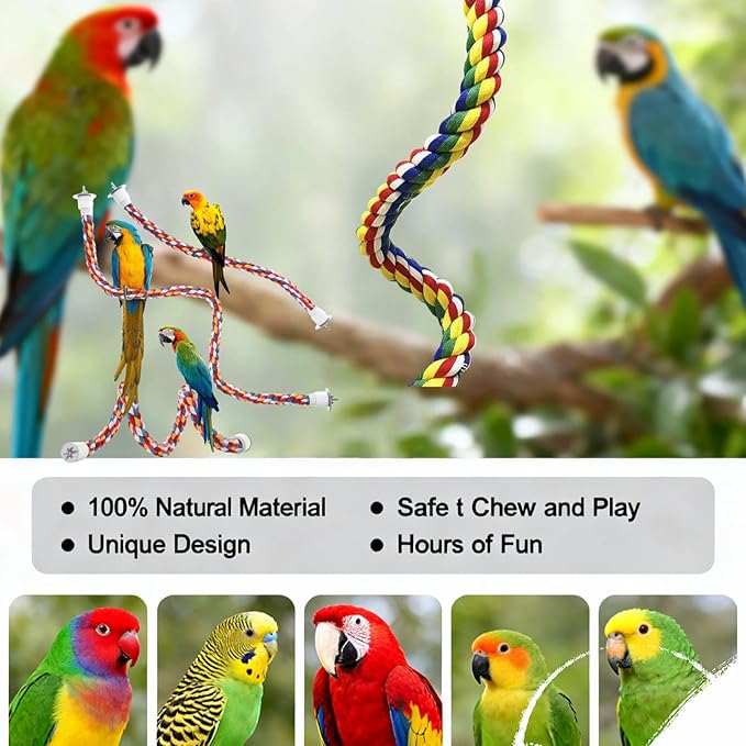 Bird Rope Perches, Parrot Toys, Bungee Rope Perches for Parrots, Cockatiels, Parakeets, Budgie Cages Comfy Birds (Metal Nut) - 48.03 inches