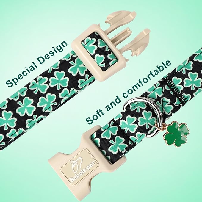 St Patricks Day Dog Collar for Giant Large Dogs - Green Lucky Shamrock Boy Dog Collars, Irish Clover Pattern Black Male Puppy Collar with Quick Release Buckle XL