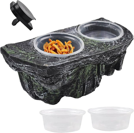 kathson Magnetic Reptile Feeder Ledge,Double Bowl Magnetic Lizard Food and Water Dish Crested Gecko Feeding Bowls with Suction Cup Reptile Food Bowl Accessories for Chameleon Spider