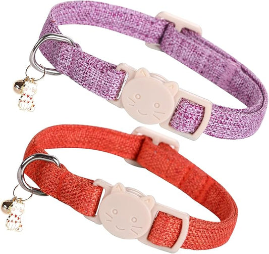Elegant little tail 2 Pack Cat Collar- Halloween Orange&Purple Linnet Cat Collars Breakaway with Bell Pendant Wedding Kitten Boy Girl Safety Adjustable 7-12 Inch Collar for Small Cats Puppy