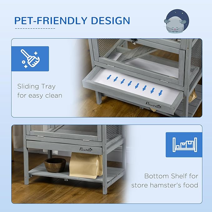 PawHut Wooden Hamster Cage with Storage Shelf, Large Rat Mouse Habitat Including Seesaw, Small Animal Cage with Sliding Tray, Wide Ramp for Racing, Running Wheel, 35.5" H