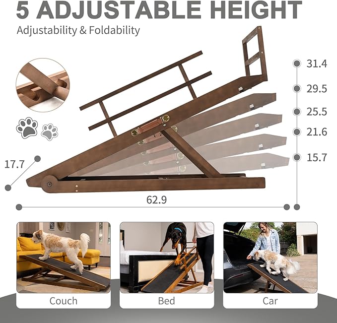 ABORON Dog Ramp,Adjustable Folding Pet Ramp for Bed,Couch,SUV - High Traction Portable Rubber Paw Ramps,Great for Small & Large Old Dogs & Cats, Supports up to 200 lbs,63''Long