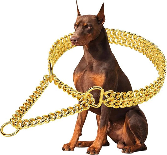 Gold 18K Gold Dog Chain Collar - Stainless Steel, Adjustable, Chew Proof, Cuban Link, Double Row, Walking Collar for Large, Small, Medium Dogs