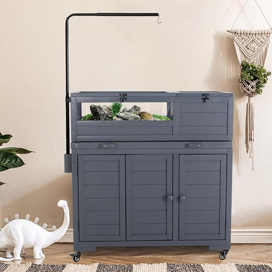 Premium Reptile Habitat Enclosure for Tortoises, Lizards, and Snakes - Adjustable Lighting, 360° Wheels, Easy-Clean Design, and Secure Ventilation- (Dark Gray)