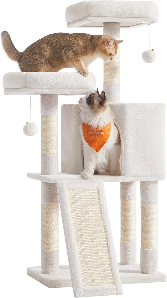 Feandrea Cat Tree, 45.3-Inch Cat Tower, Plush Condo with Scratching Post, Ramp, Perch, Spacious Cave, for Small Space, Cream White UPCT141W02