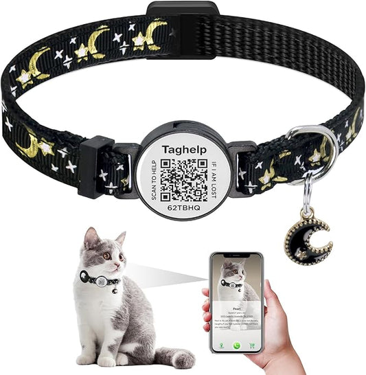Upgraded Smart Cat Collar: Real-Time Scan Alerts & Shareable Pet Profile, Breakaway Safety Collar with QR Code ID Tag - Stars & Moon Design, No Monthly Fee (Black)