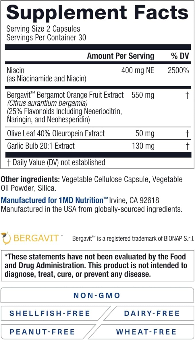 1MD Nutrition CholestMD with Olive Leaf Extract, Bergavit, Niacin, Garlic | 120 Capsules (2-Pack)