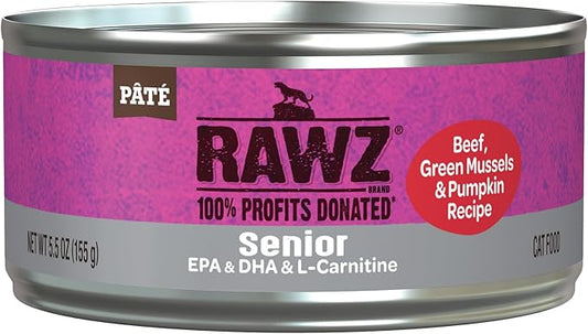 Rawz Natural Premium Pate Canned Cat Wet Food - Made with Real Meat Ingredients No BPA or Gums - 5.5oz Cans 24 Count (Beef & Green Mussels for Seniors)