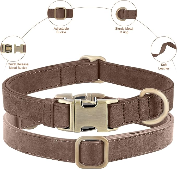 Genuine Leather Dog Collar - Adjustable Pet Collar with Quick Release Metal Buckle, Soft Skin Friendly Real Leather Collar for Small, Medium, Large Dogs (Dark Brown Collar + Rope, S：Fit 8-16" Neck)