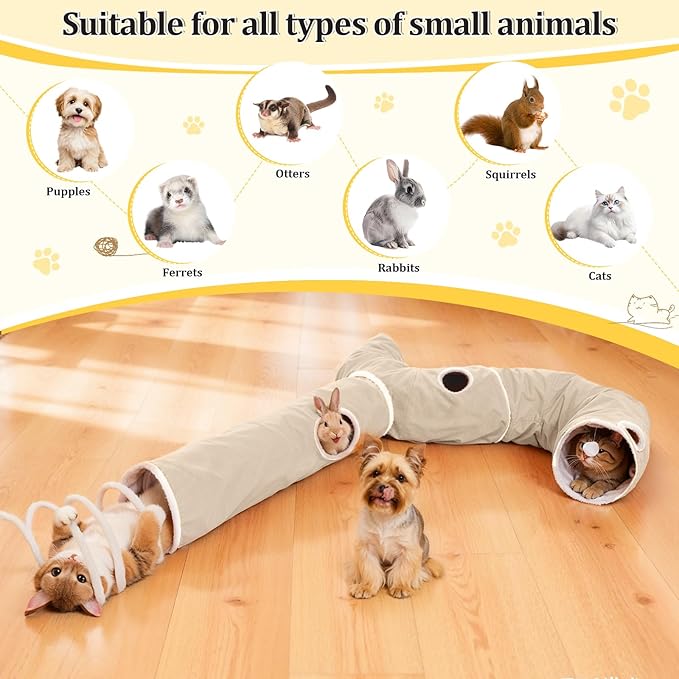 Ownpets 2-in-1 Cat Tunnel, Large Lollipop Shape Cat Tunnel Toy with Fluffy Balls, Spiral Toy, Plush Collapsible Cat Cave Hideout Donut Tunnel for Multi Kitten Puppy Rabbit, Beige