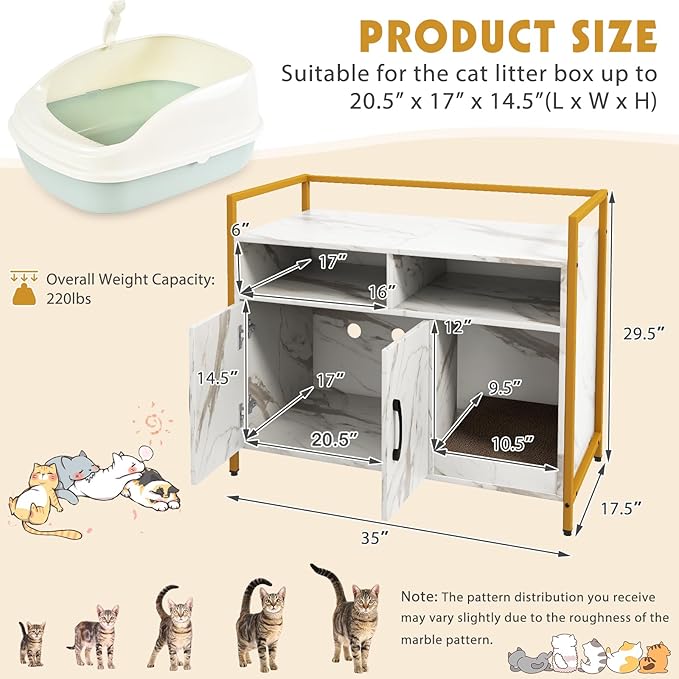 Tangkula Litter Box Enclosure, Modern Cat Litter Box Furniture with Metal Frame, Scratching Board, Storage Compartment, Hidden Cat Washroom (Marble White)