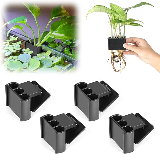 4 Pk Upgraded Aquarium Plant Holder, 3-Hole Hanging Aquarium Plant Holder with Clip, Suitable for Fish Tank Plant Potting, Aquarium Decoration, Plant Holder for Fish Tank, Black