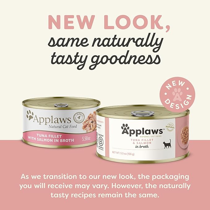 Applaws Natural Wet Cat Food in Broth, Limited Ingredient Canned Wet Cat Food, No Additives, Made with Natural Ingredients, Tuan Fillet & Salmon in Broth (24 x 5.5oz Cans)