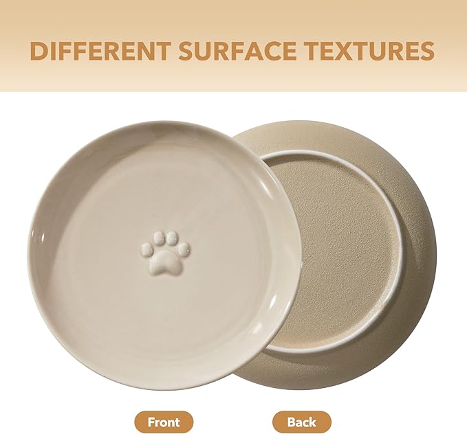 Raised Ceramic Wide Whisker Friendly Cat Dishes, Anti-Slip Food& Water Bowl with 2 Style Stand Adjustable Pet Bowl Set(2Dish+Stand, Vintage Latte)