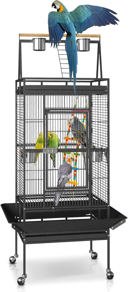 SUPER DEAL 68-inch Large Bird Cage with Rolling Stand African Grey Parrot Chinchilla Finch Cage Conure Cockatiel Cockatoo Pet House Wrought Iron Birdcage, Black