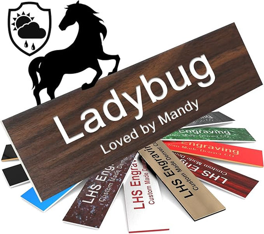 Horse Stall Name Plate, 2x12 Personalized Stall Signs, UV Protected, All Weather Adhesive, Hanging, Mounting or Other, Teak Plastic White Letters - Made in USA - N7