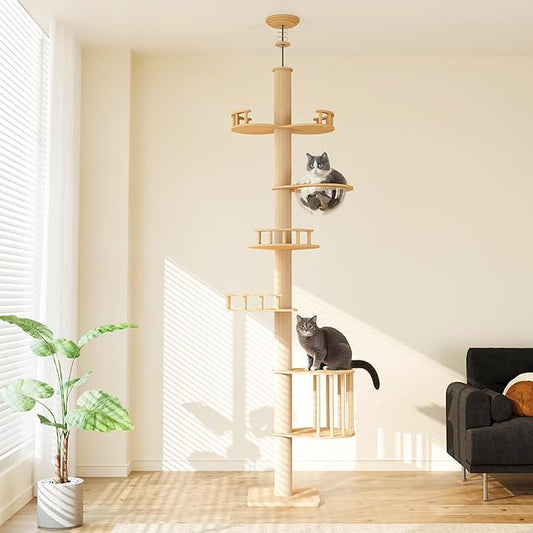 Floor to Ceiling Cat Tree Tower with Adjustable Height(98-106 Inches), Climbing Tower with Thickened Scratching Posts, Cats Activity Center with Cozy Hammock & Capsule