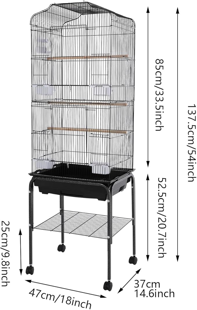 Bird Cage with Universal Wheels, Freestanding Parakeet Birdcage, Large Iron Flight Bird Cages 360° Full Hollow Design Pigeons Parrot, 18x15x54 Inch, with Feeding Bowls, Waterer (Black)