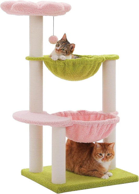 Flower Cat Tree with 2 Large Hammocks, 37.4" Small Cat Tower for Indoor Kitty with 6 Scratching Posts, Cute Cat Tree with Flower Top Perch, Pink