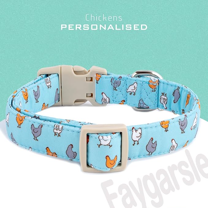 Faygarsle Funny Chicken Pattern Dog Collar, Cotton Fabric, Light Blue with Farm Animal Print for Small Medium Large Dogs XS
