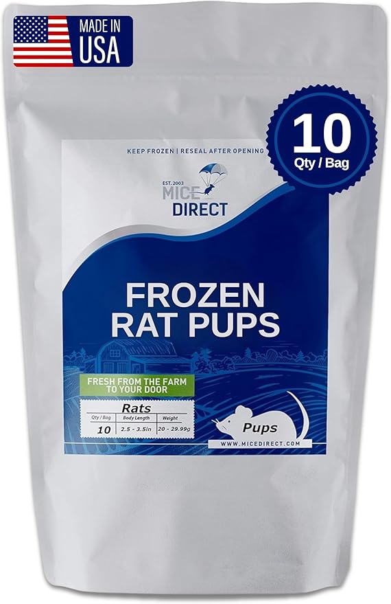 MiceDirect Frozen Rat Pups Snake Food - Frozen Rats for Snakes like Juvenile Ball Pythons, Adult Corn & Ball Pythons, Sub-Adult Red Tail Boas, Monitor, Lizards, Birds of Prey - 2.5-3.5 in (10 Count)