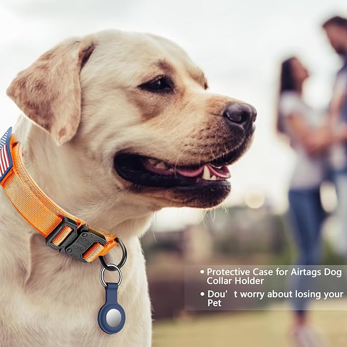 DAGANXI Tactical Dog Collar, Adjustable Military Training Nylon Dog Collar with Control Handle and Heavy Metal Buckle for Medium and Large Dogs, with Patches and Airtags Case (Orange, S)