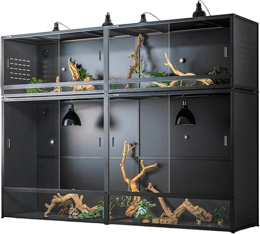 Reptile Tank 4-Pack Connectable Kit, 48"x24"x46" and 48"x24"x24" PVC Enclosures, Extra Large & Tall Stackable Terrariums for Bearded Dragon & Ball Python with Front Glass Doors & Locks