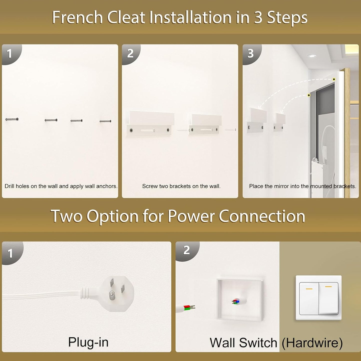 OKPAL 40x30 Gold LED Bathroom Mirror with Lights, Frontlit & Backlit Metal Framed Mirror, Lighted Bathroom Vanity Mirror, Anti-Fog, Dimmable 3 Colors, Shatterproof, Horizontal/Vertical