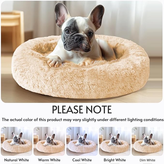JOLLYVOGUE Calming Dog & Cat Bed for Small Dogs, Anti-Anxiety Donut Cuddler Cozy Soft Round Bed with Anti-Slip Bottom, Fluffy Faux Fur Plush Cushion Beds for Small Medium Dogs (23")