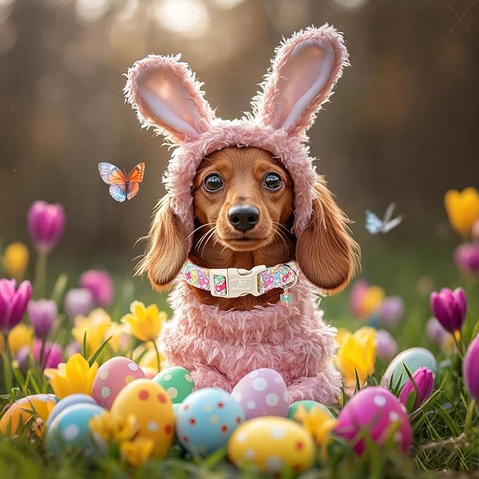 Easter Dog Collar for Giant Large Dogs - Colorful Bunny Print Easter Collar for Male Female Dogs, Lightweight Adjustable Spring Holiaday Dog Collars with Quick Release Buckle XL