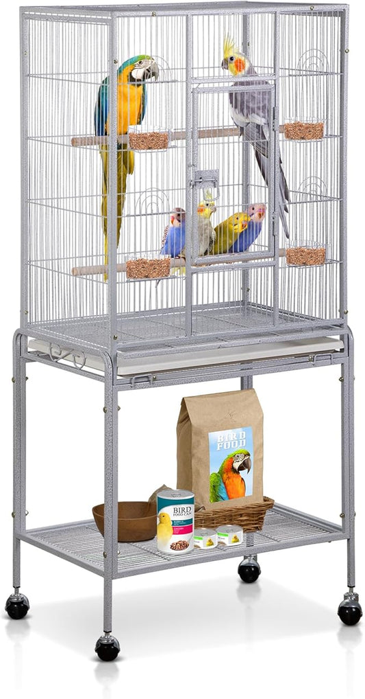 SUPER DEAL 53-Inch Rolling Bird Cage Large Wrought Iron Cage for Cockatiel Sun Conure Parakeet Finch Budgie Lovebird Canary Medium Pet House with Rolling Stand & Storage Shelf, White