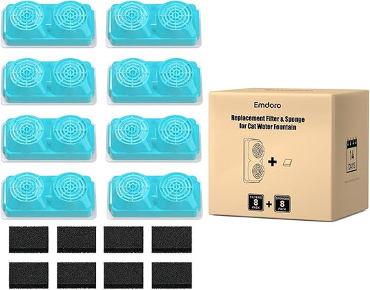 Official 8-Pack Replacement Filters and Sponges for 3.2L/108oz Stainless Steel Cat Water Fountain Cordless (4 Months Set)