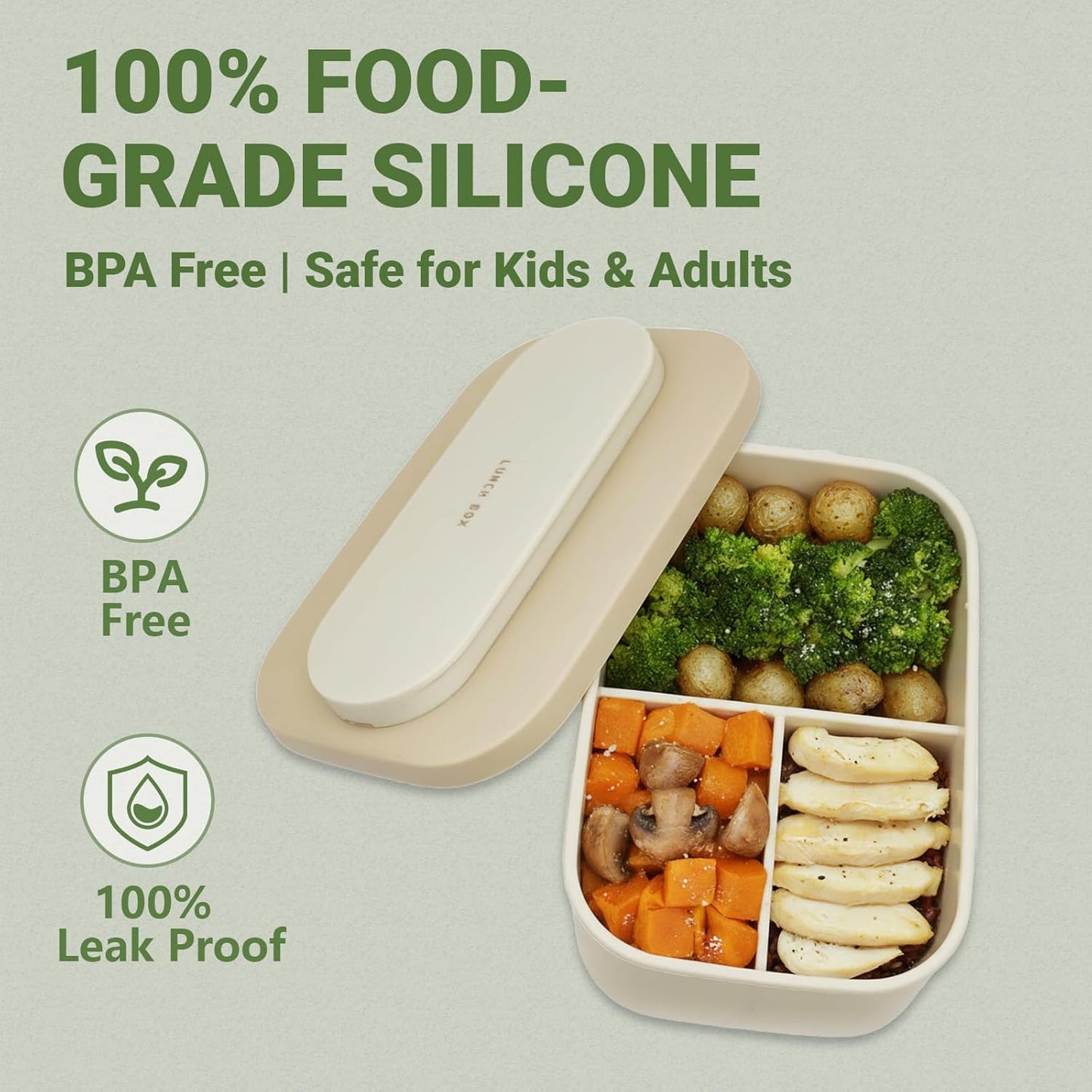 Silicone Bento Box Lunch Box for Adults, Lunch Food Container with 3 Compartment, BPA-Free and Leakproof, Microwave & Dishwasher Safe (Yellow)