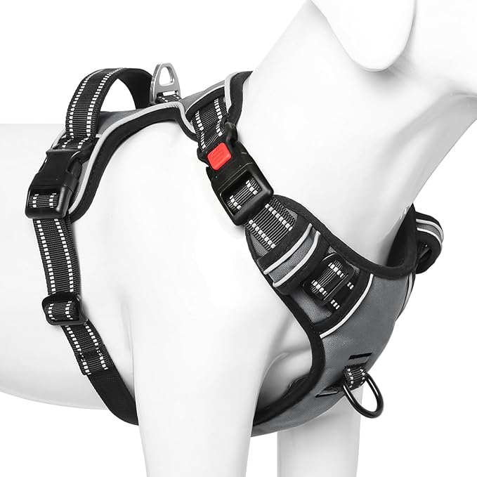 Timos Dog Harness Large Sized, No Pull with Neck Lockable Snap,No Choke Front Clip Dog Reflective Harness,Adjustable Metal Rings 3 Buckles,Easy Control Handle for Large Dogs Gray XL