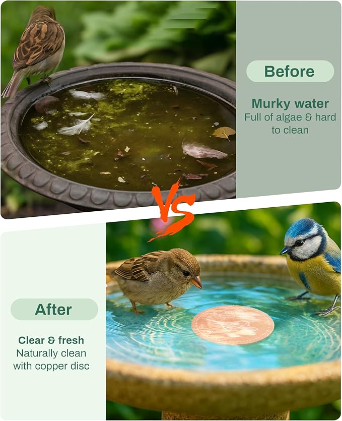 Bird Bath Purification Disk Pure Copper Outside Winter Solar Power Birdbath Heater Deicer Cage Hanging Bowl Metal Warmer Deck Railing Glass Concrete Ceramic Stone Stand Water Fountain Station