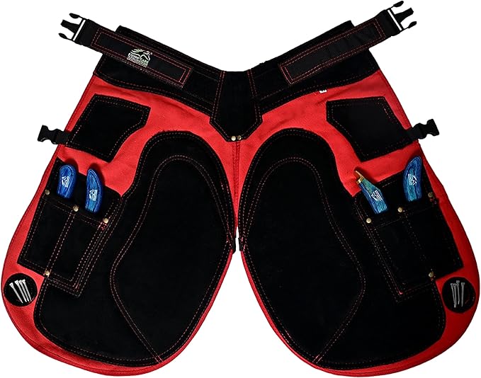 Equine Care Farrier Apron Chaps 2mm Cowhide Leather, 500 GSM Canvas, Air-Mesh, 29" Length, Adjustable Waist (28"-52"), Ergonomic Foam-Padded Thigh & Back Support, 4 Knife Pockets, 2 Nail Magnets.