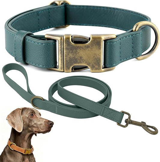 Dog Collar and Leash Set,Leather Silicone Waterproof Odor-Proof Dog Collar and Leash for Medium Dogs, Soft Flexible Dog Collars, Durable Thick Adjustable Pet Collar (Green, Medium (11.5-18.5 "Neck))