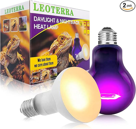Leoterra 75W Reptile Incandescent Night Black Heat Lamp and 75w UVA Daylight Heat Lamp Combo Pack E26 Base 110v Long Service Life for Lizard Bearded Dragon Chicken Coop,Dog House Use…