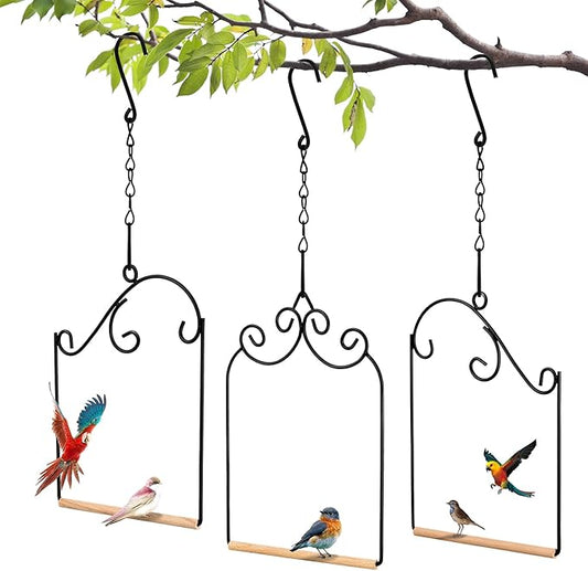 3 Pcs Hummingbird Swings and Perches Wild Bird Swing Metal Frame with 3 Hanging Chain and Wooden Dowel Hummingbird Swings for Outdoors Hanging, Outdoor, Trunk, Lawn, Patio, Garden, 3 Styles